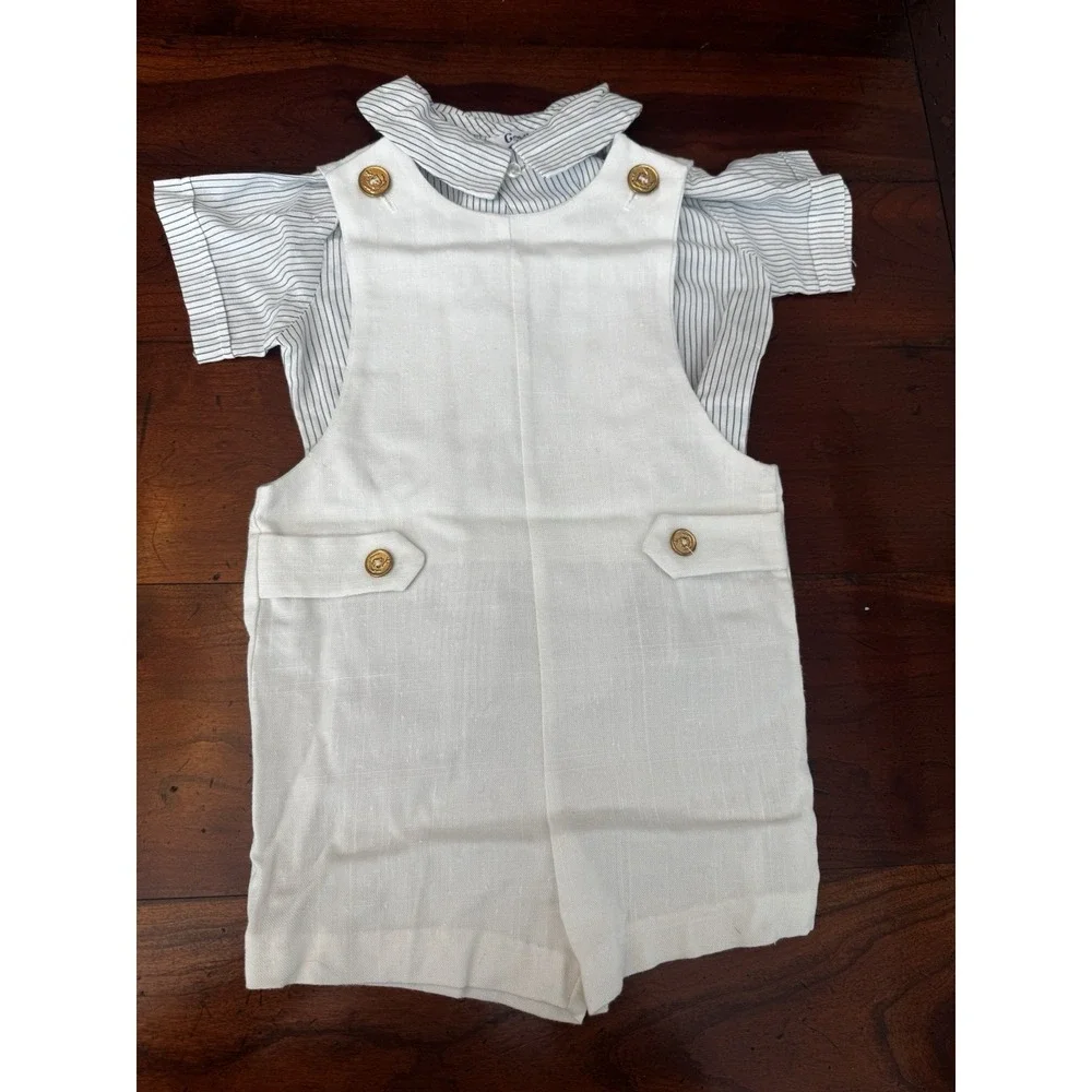 Good Lad Boys White Linen Jon Jon Romper Striped Shirt 2 Piece Set 2T-4T Vintage